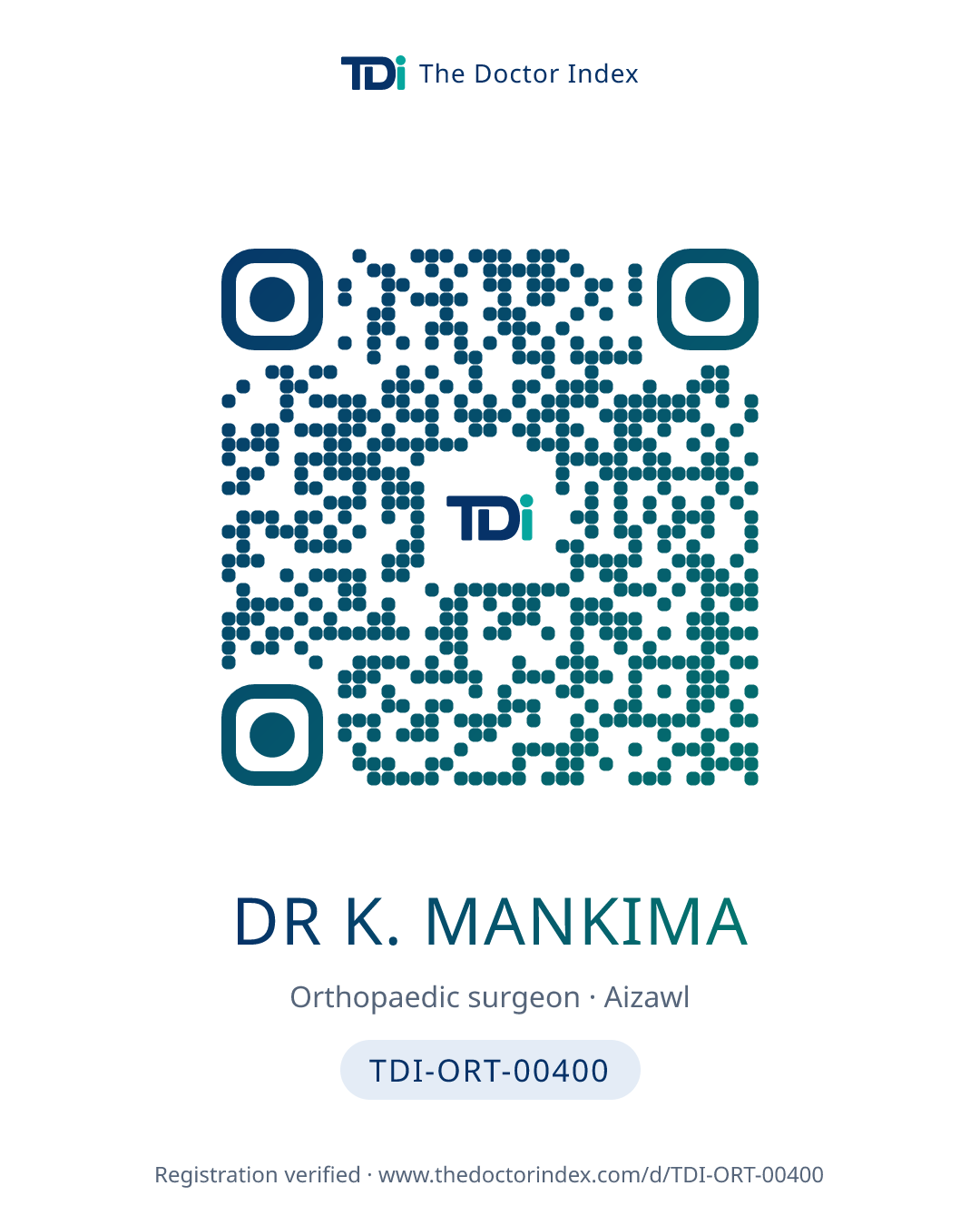 QR card for Dr K. Mankima, TDI-ORT-00400