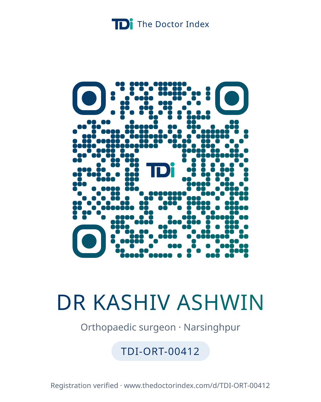 QR card for Dr Kashiv Ashwin, TDI-ORT-00412