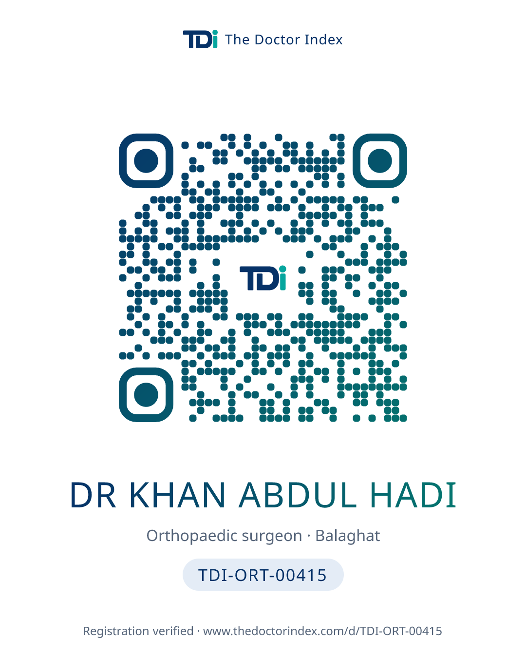 QR card for Dr Khan Abdul Hadi, TDI-ORT-00415