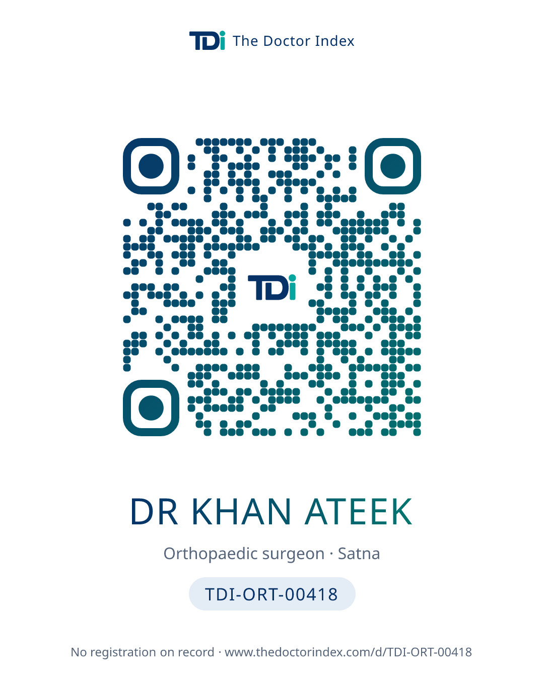 QR card for Dr Khan Ateek, TDI-ORT-00418