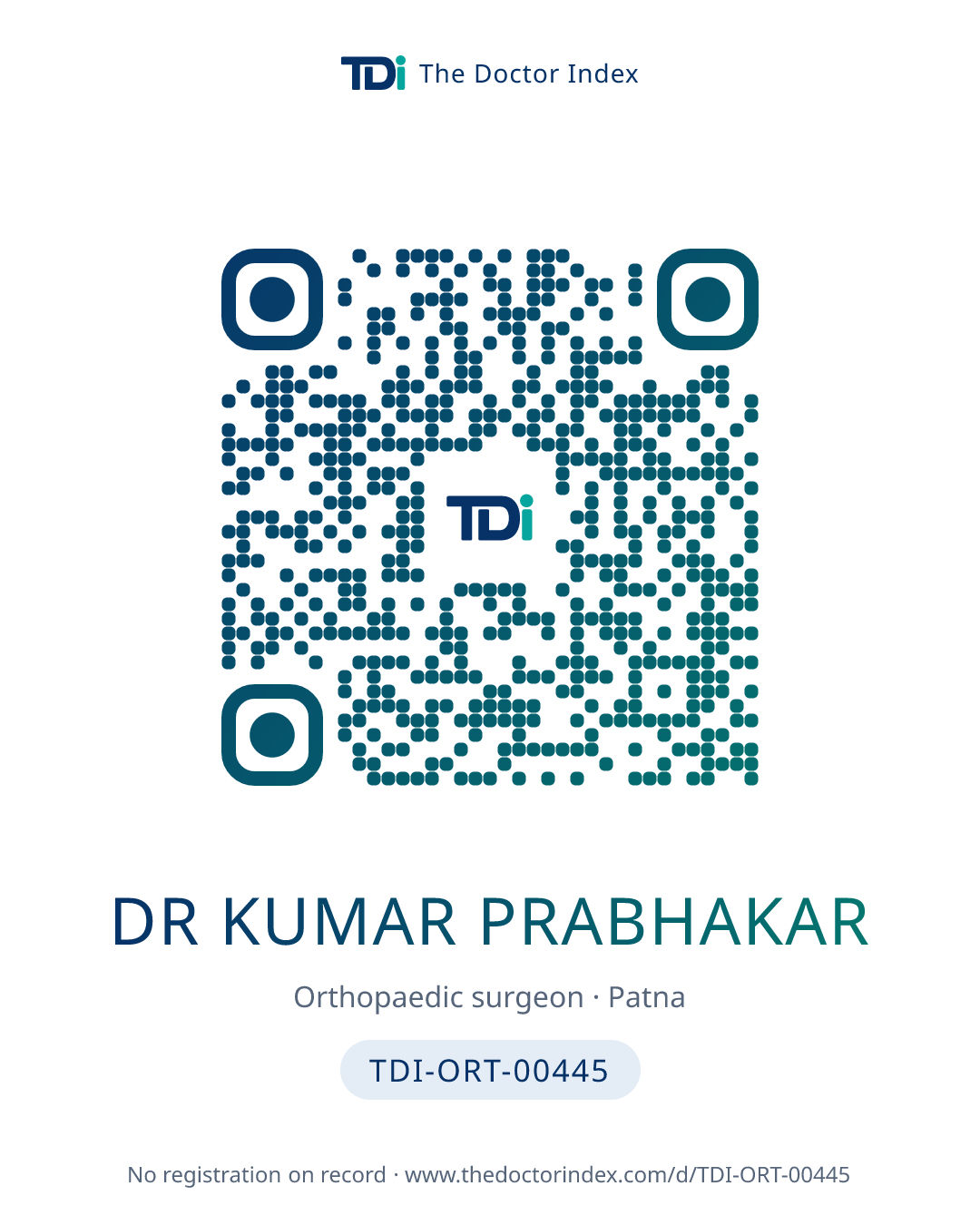 QR card for Dr Kumar Prabhakar, TDI-ORT-00445