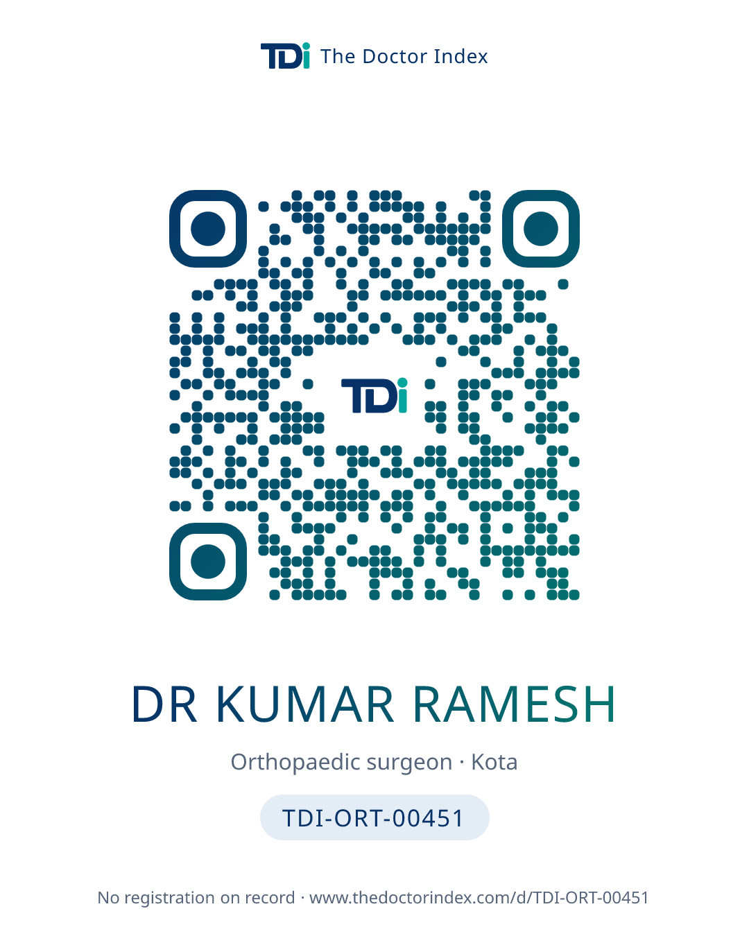 QR card for Dr Kumar Ramesh, TDI-ORT-00451