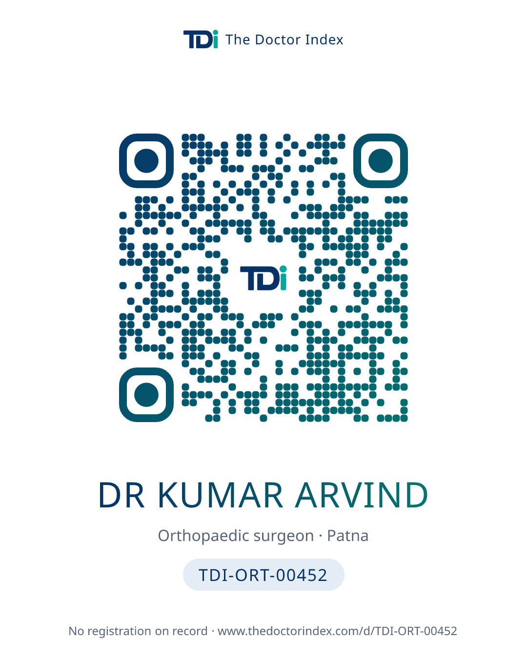 QR card for Dr Kumar Arvind, TDI-ORT-00452