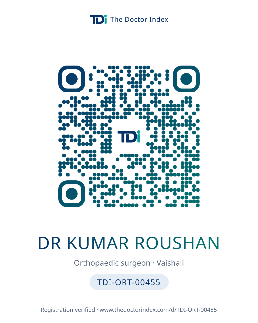 QR card for Dr Kumar Roushan, TDI-ORT-00455