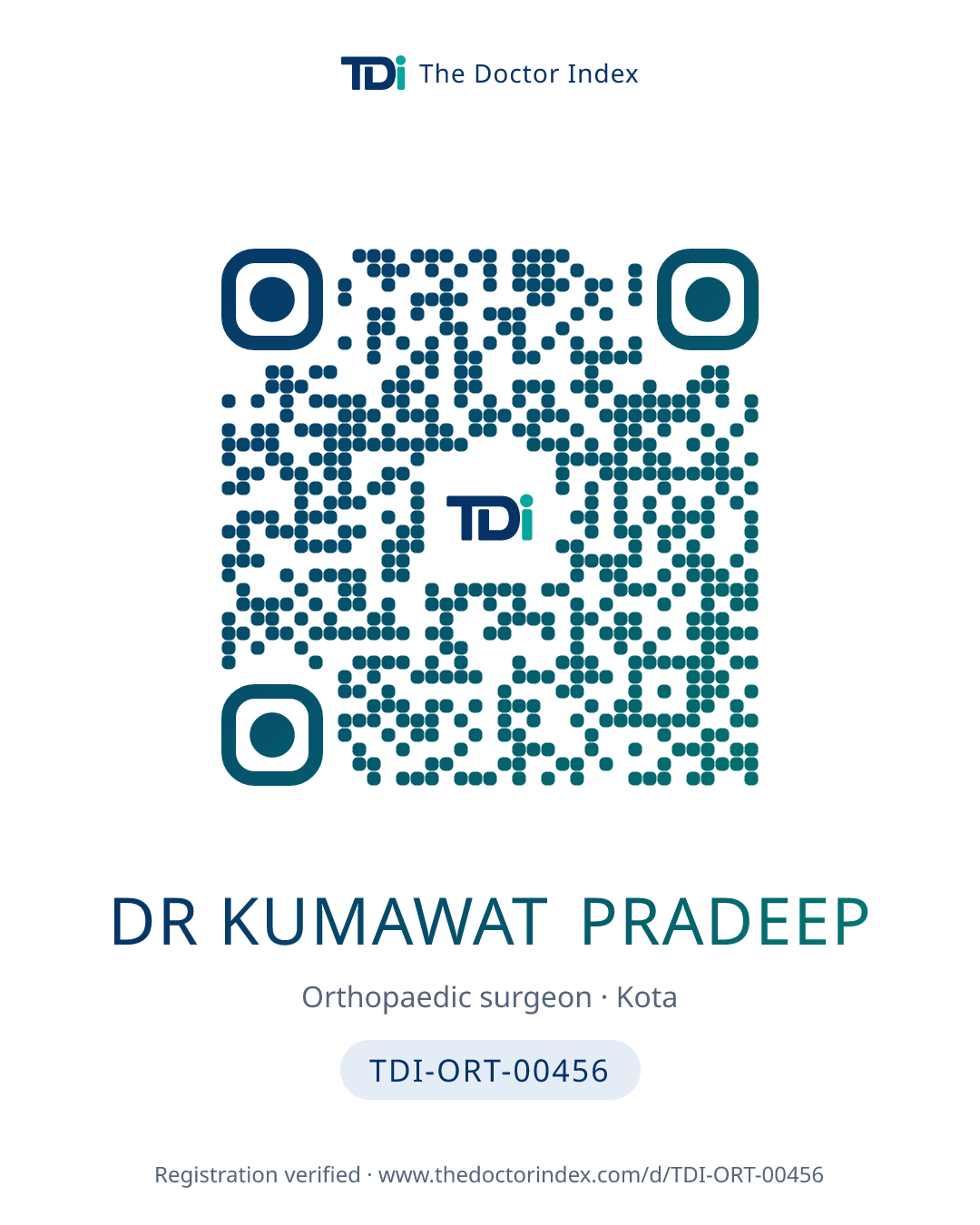 QR card for Dr Kumawat Pradeep, TDI-ORT-00456