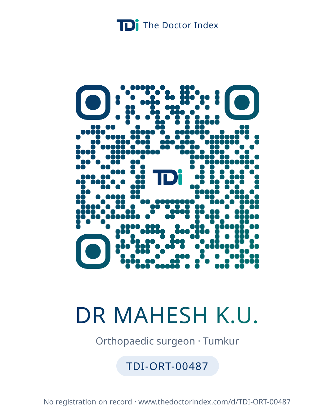QR card for Dr Mahesh K.U., TDI-ORT-00487