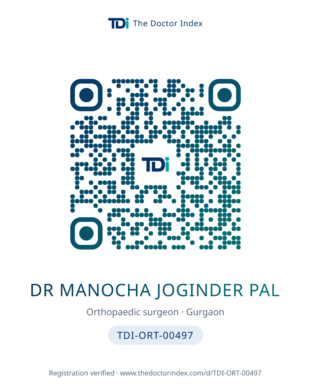 QR card for Dr Manocha Joginder Pal, TDI-ORT-00497
