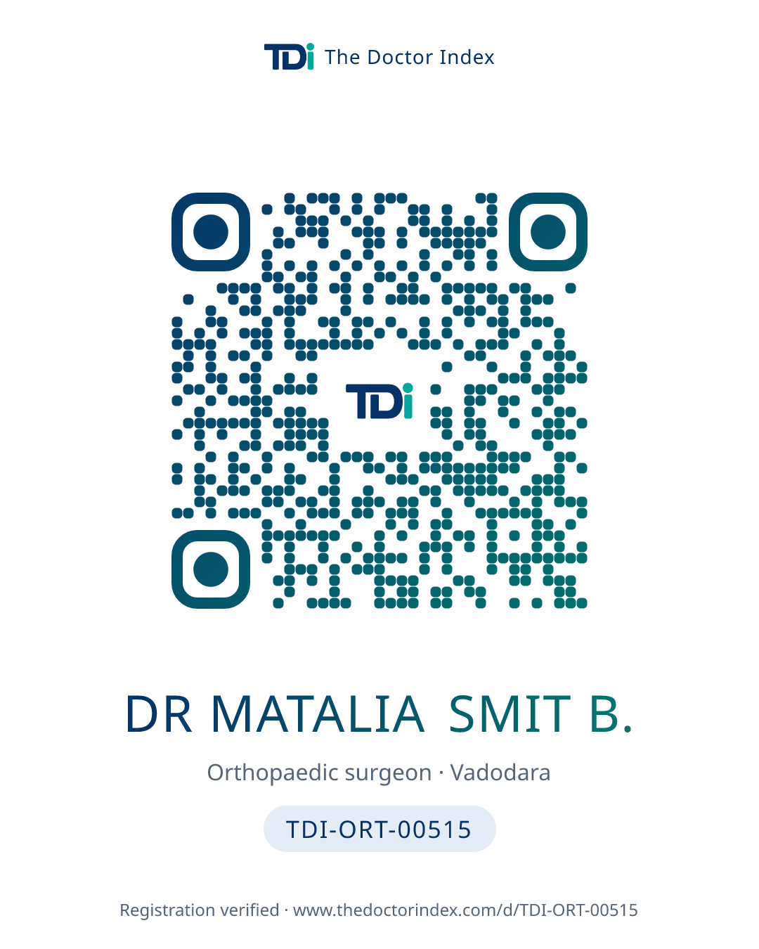 QR card for Dr Matalia Smit B., TDI-ORT-00515