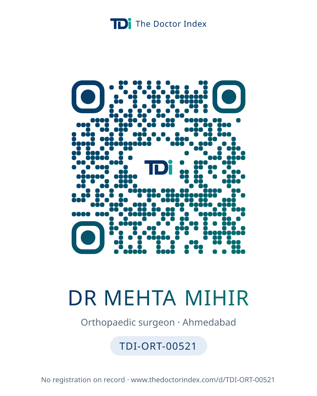 QR card for Dr Mehta Mihir, TDI-ORT-00521