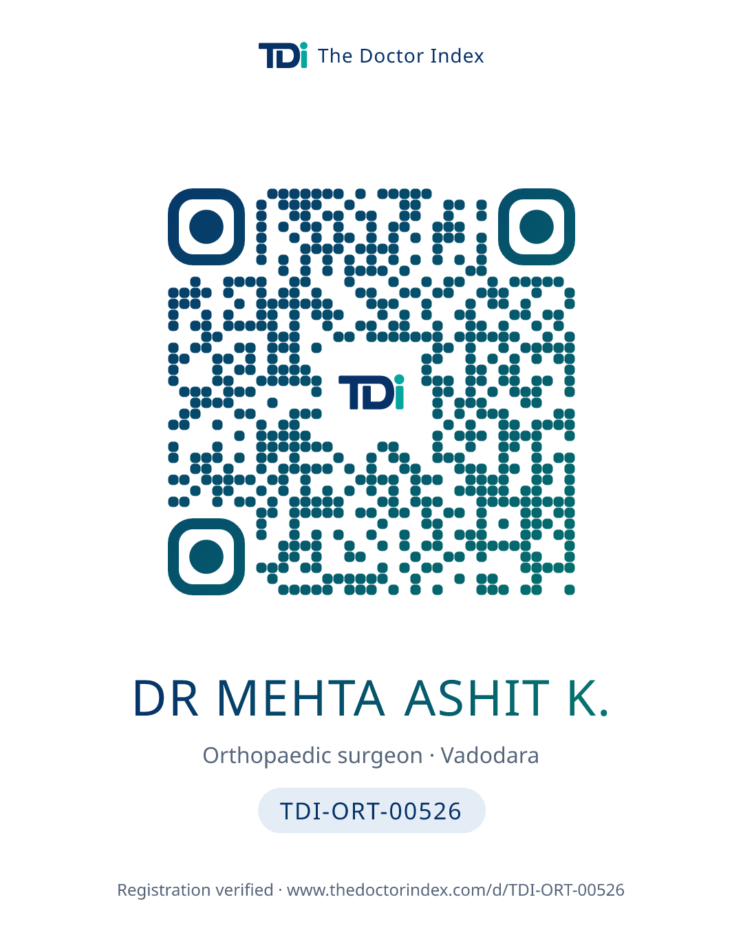 QR card for Dr Mehta Ashit K., TDI-ORT-00526