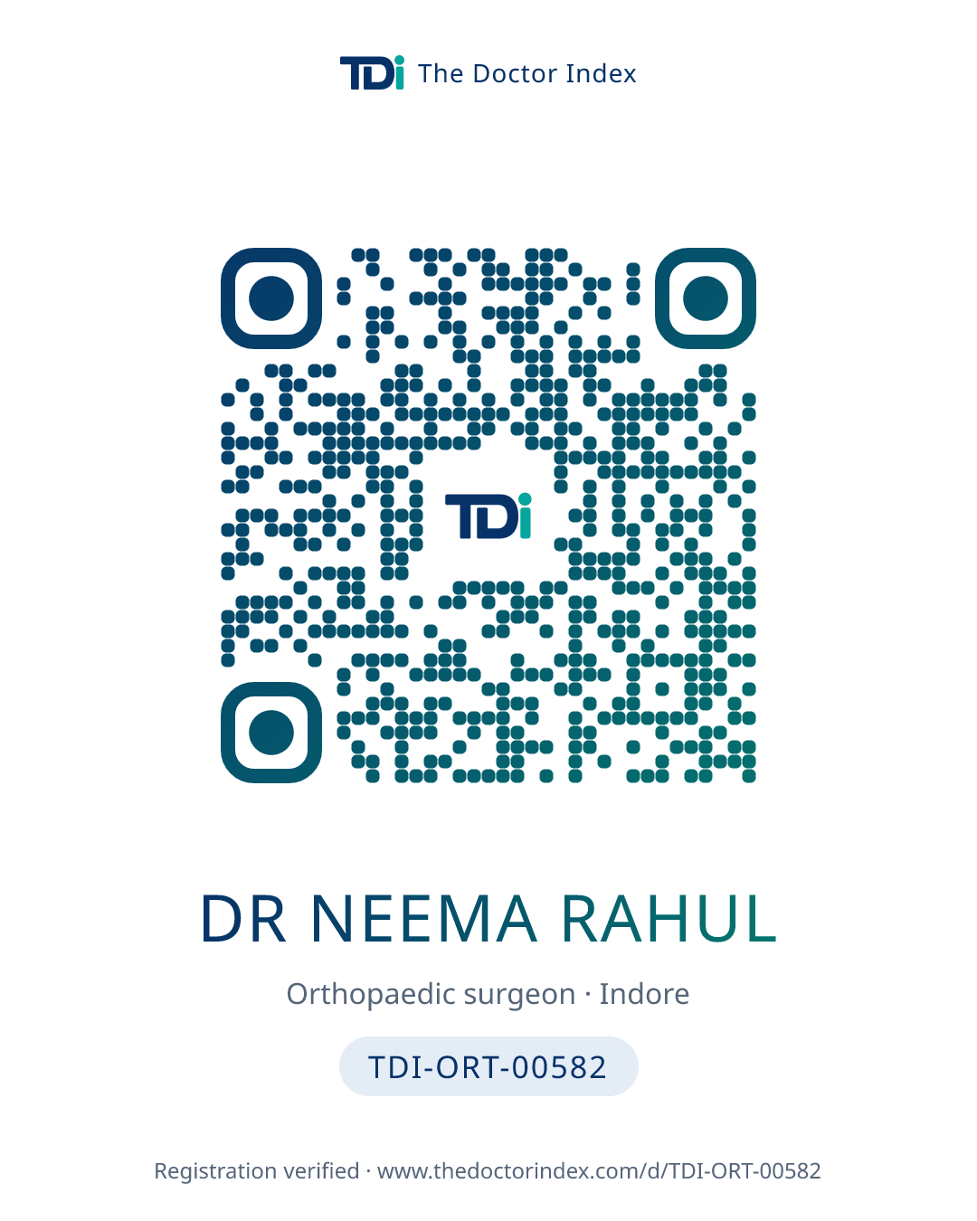 QR card for Dr Neema Rahul, TDI-ORT-00582