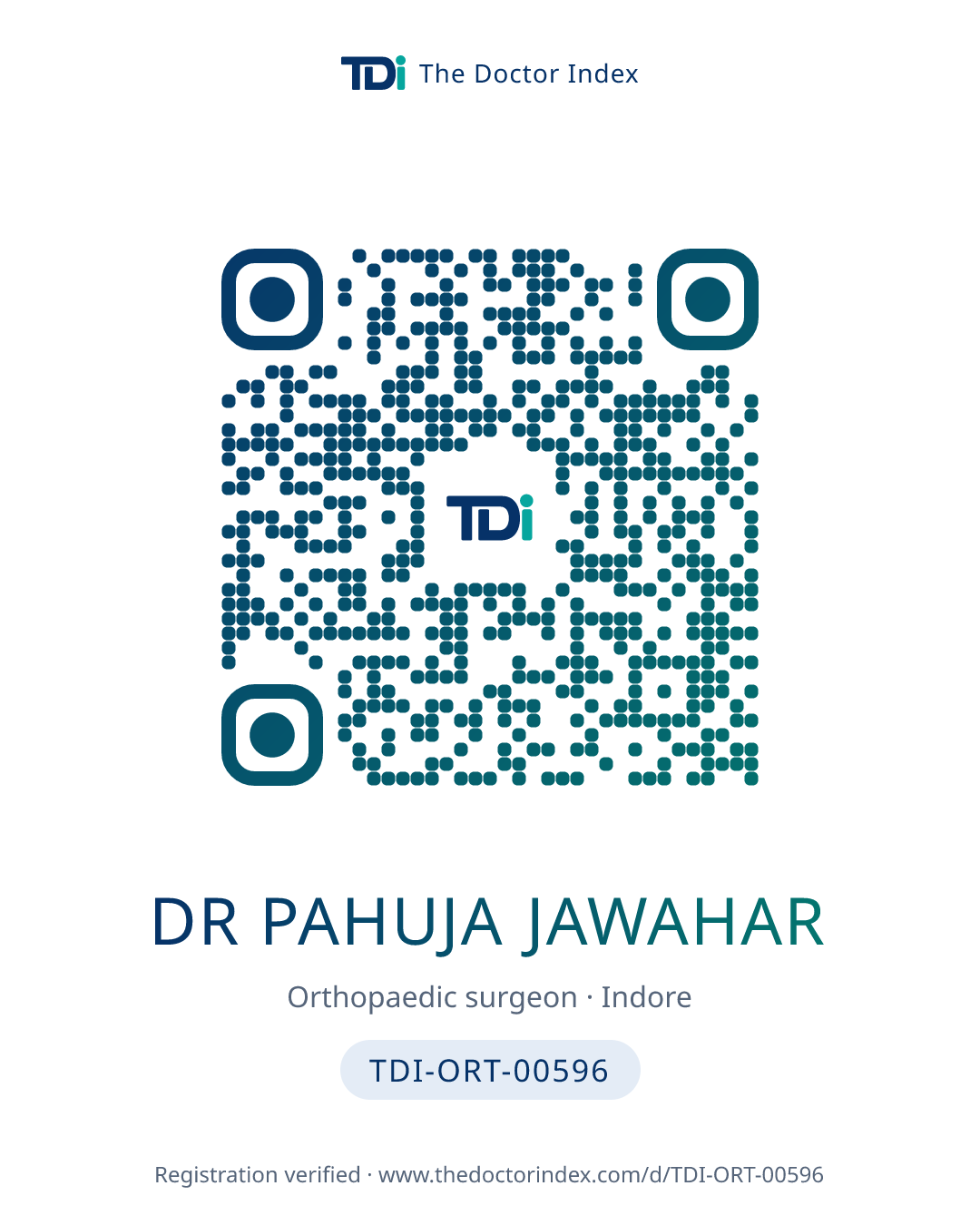 QR card for Dr Pahuja Jawahar, TDI-ORT-00596