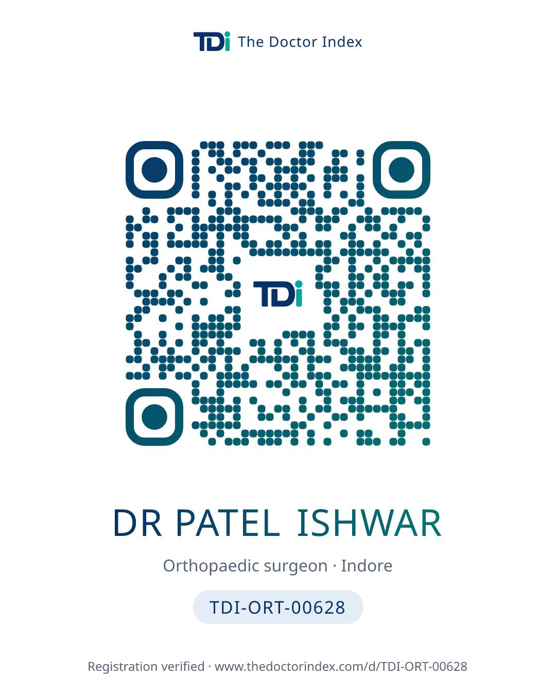 QR card for Dr Patel Ishwar, TDI-ORT-00628