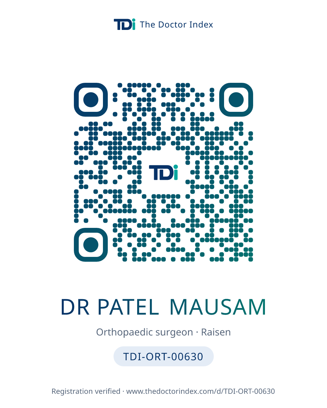 QR card for Dr Patel Mausam, TDI-ORT-00630