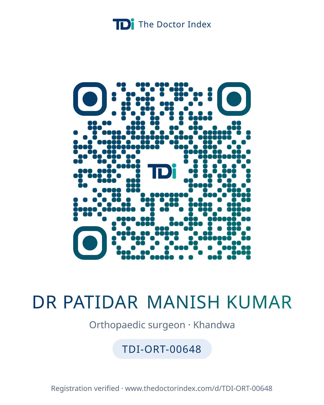 QR card for Dr Patidar Manish Kumar, TDI-ORT-00648