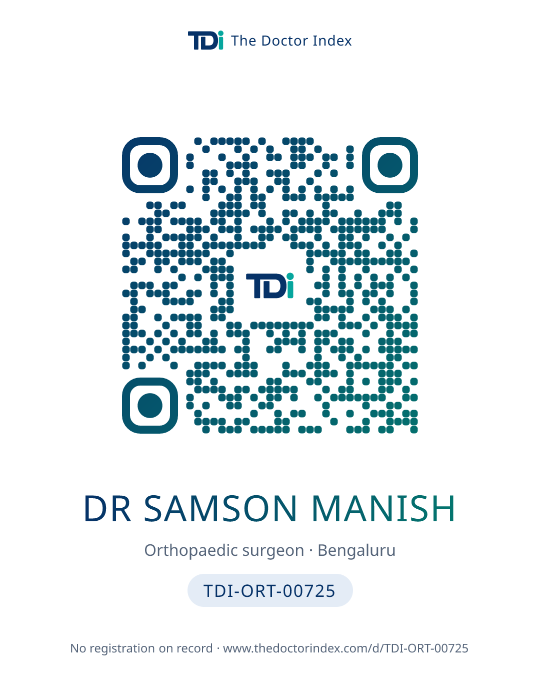 QR card for Dr Samson Manish, TDI-ORT-00725