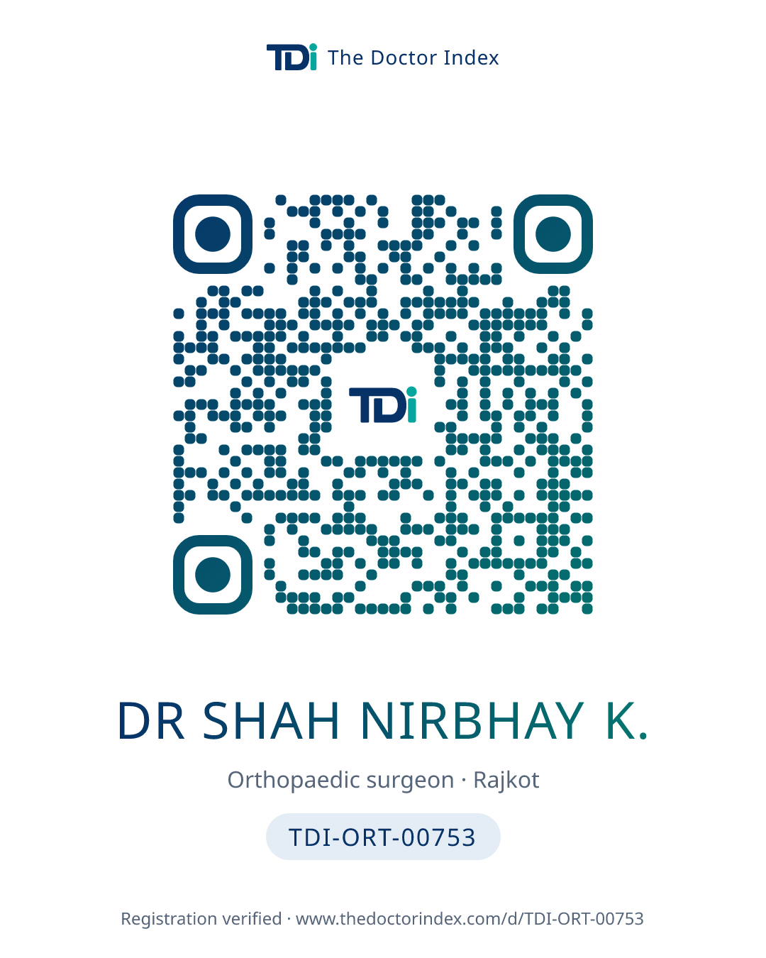 QR card for Dr Shah Nirbhay K., TDI-ORT-00753