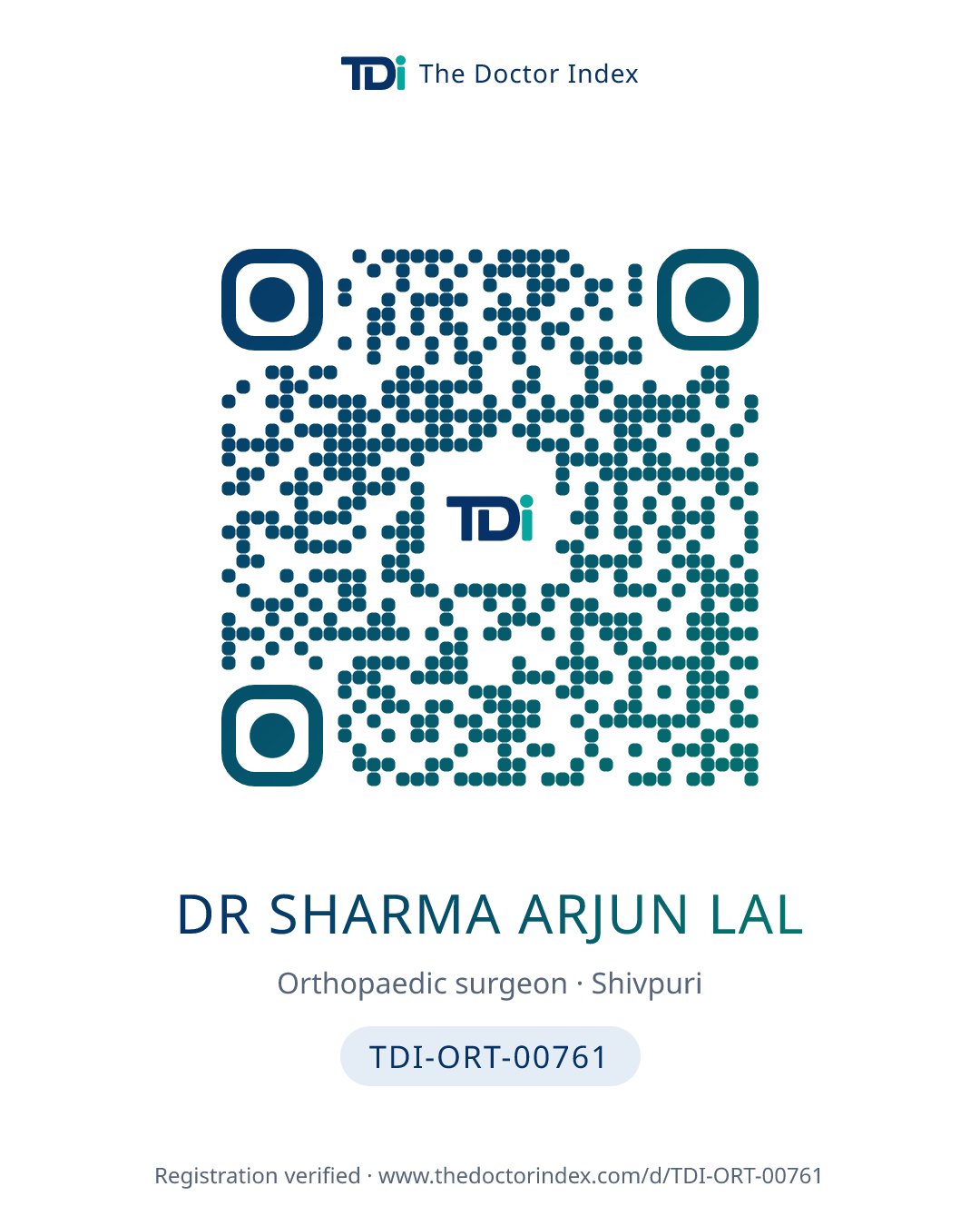 QR card for Dr Sharma Arjun Lal, TDI-ORT-00761