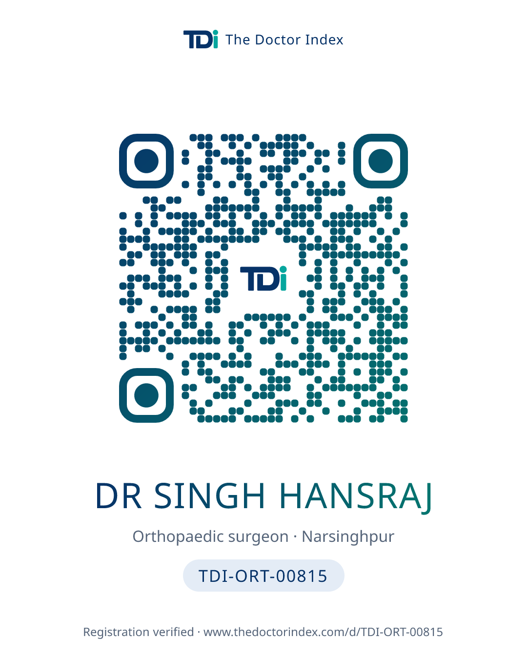 QR card for Dr Singh Hansraj, TDI-ORT-00815