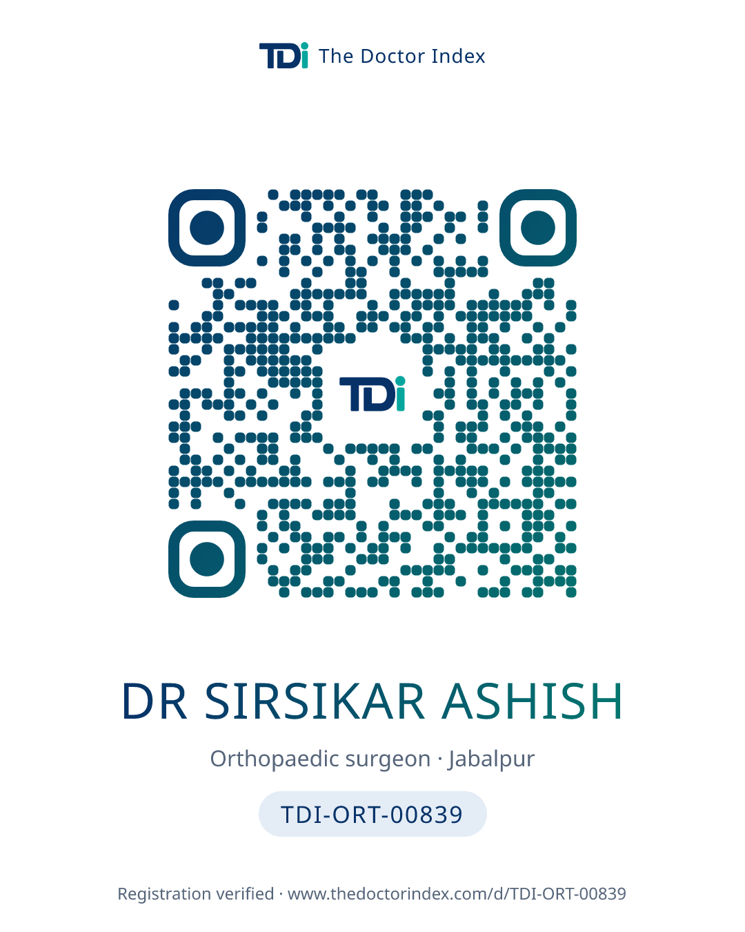 QR card for Dr Sirsikar Ashish, TDI-ORT-00839