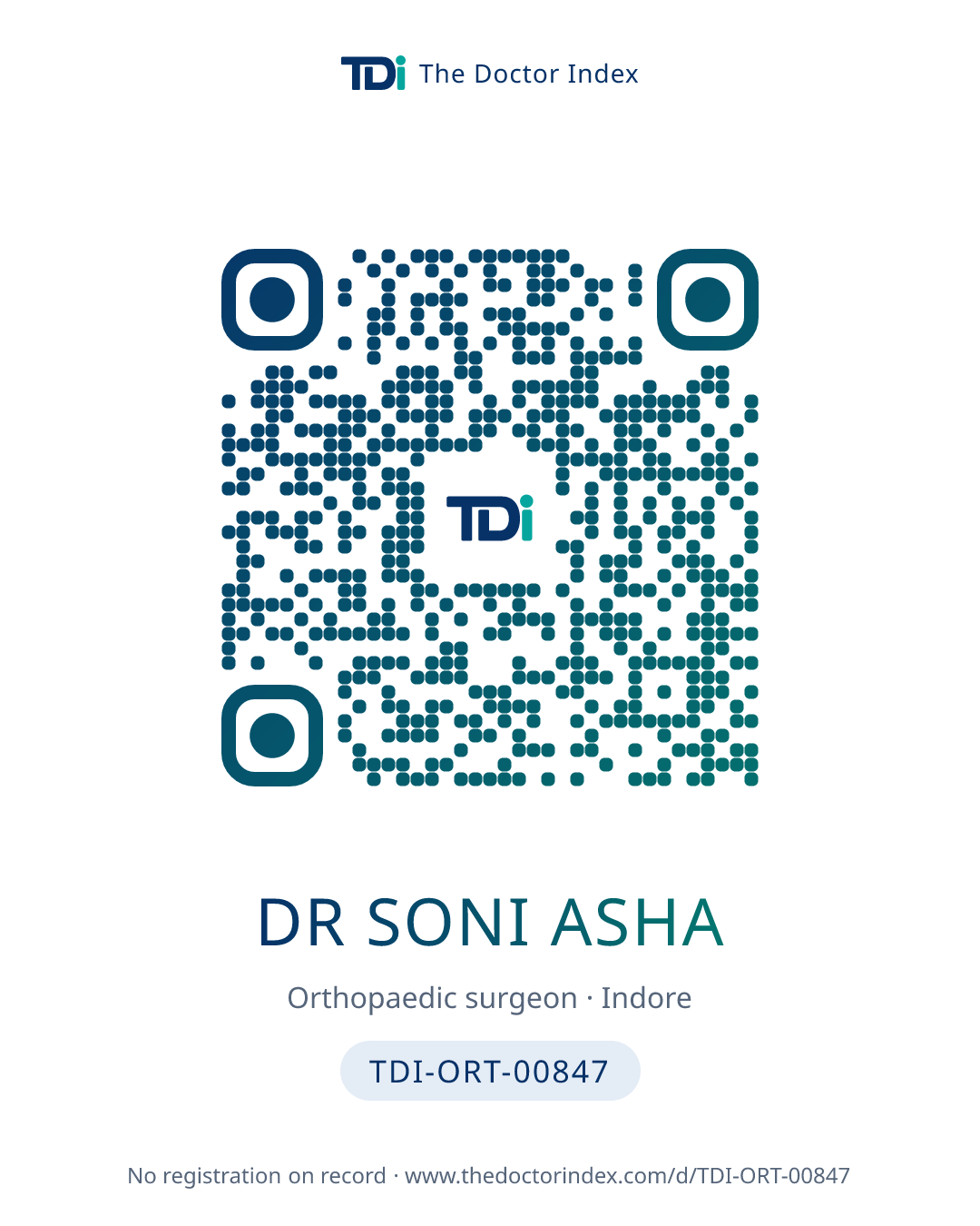 QR card for Dr Soni Asha, TDI-ORT-00847