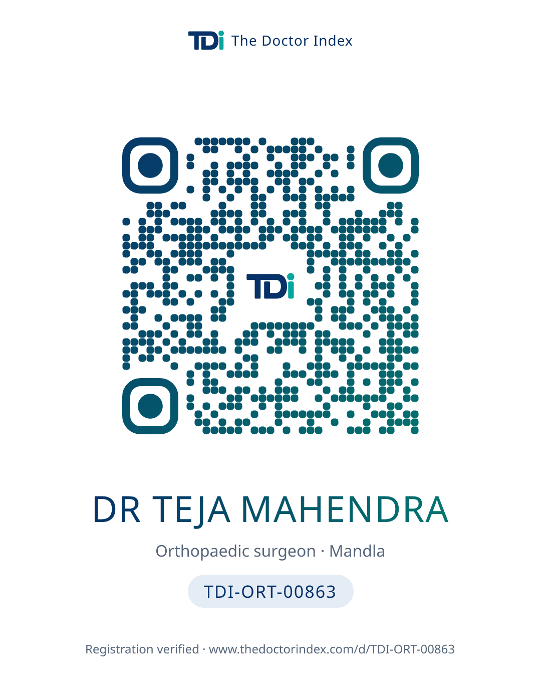 QR card for Dr Teja Mahendra, TDI-ORT-00863