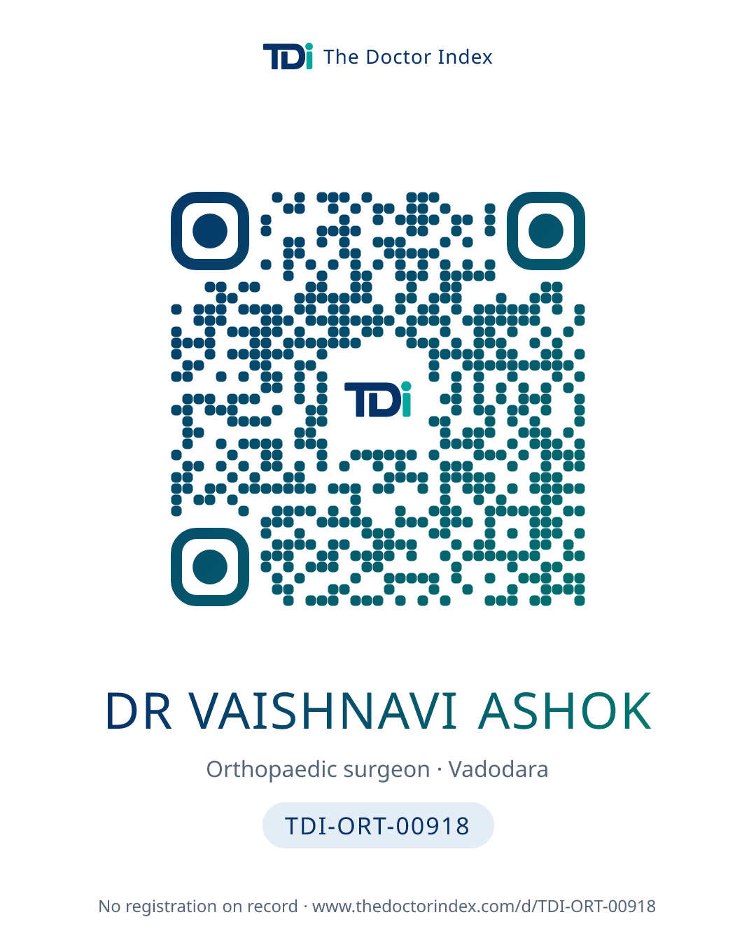 QR card for Dr Vaishnavi Ashok, TDI-ORT-00918