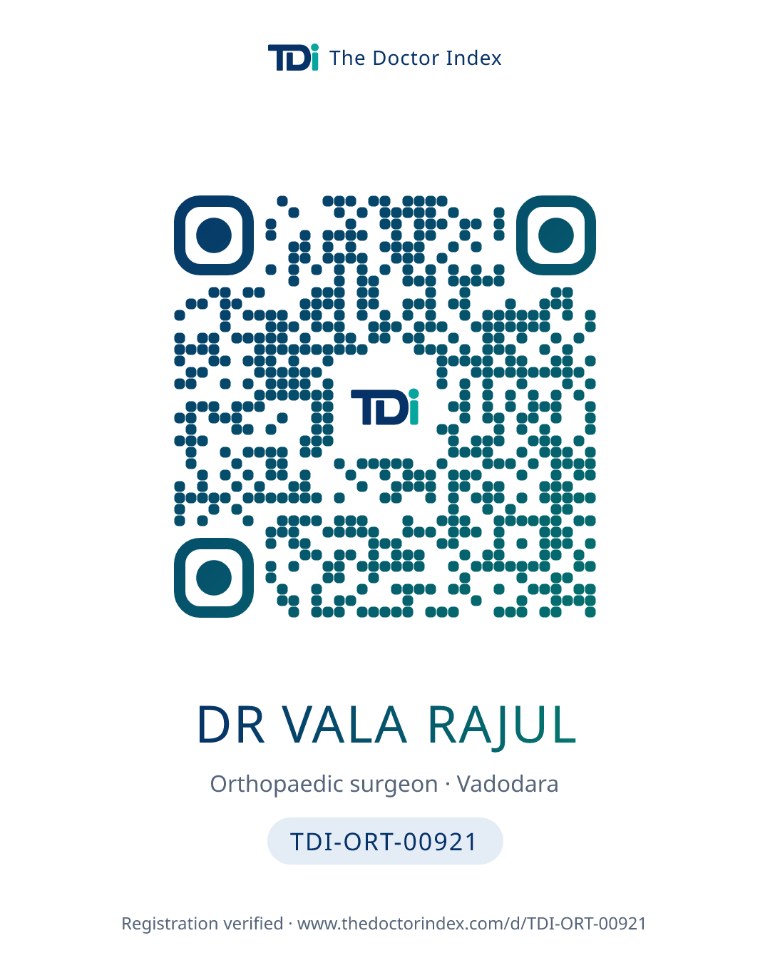 QR card for Dr Vala Rajul, TDI-ORT-00921