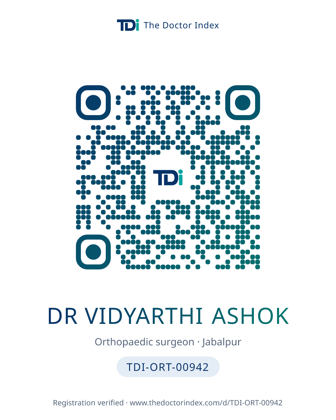 QR card for Dr Vidyarthi Ashok, TDI-ORT-00942