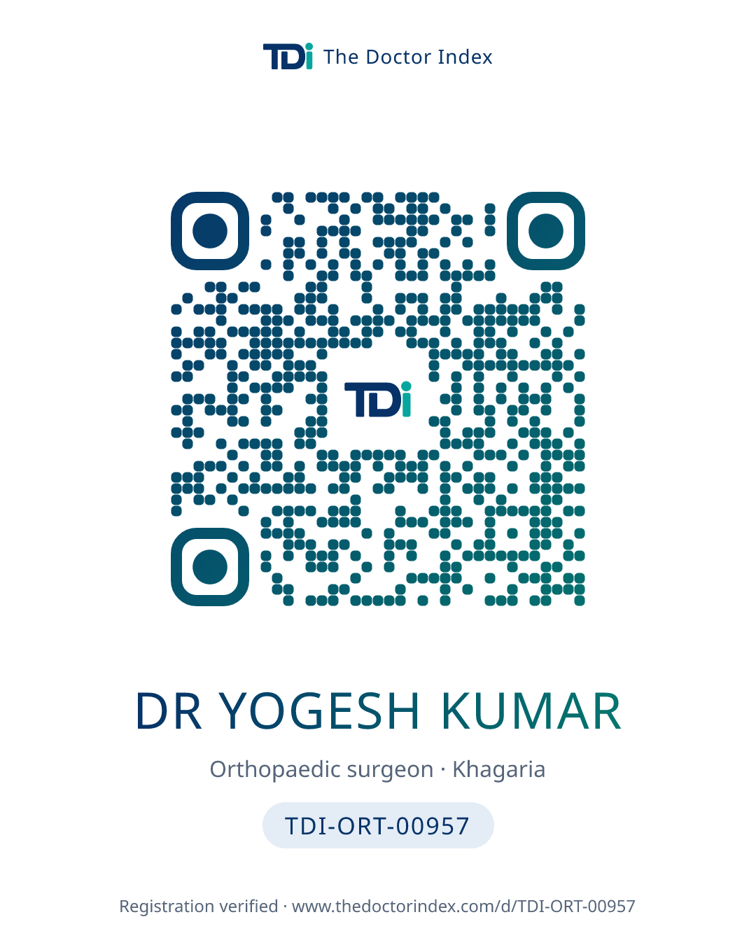 QR card for Dr Yogesh Kumar, TDI-ORT-00957