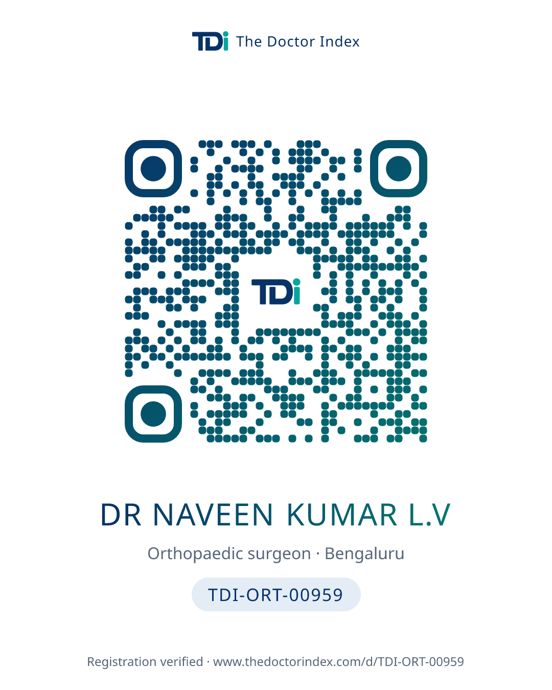 QR card for Dr Naveen Kumar L.V, TDI-ORT-00959