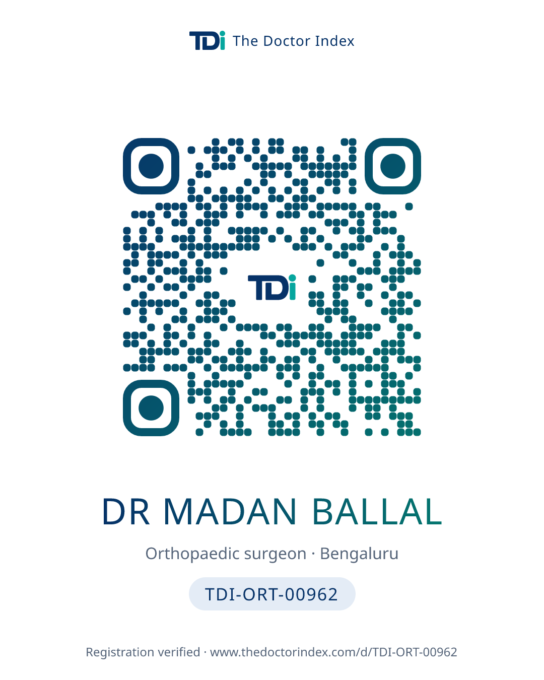 QR card for Dr Madan Ballal, TDI-ORT-00962