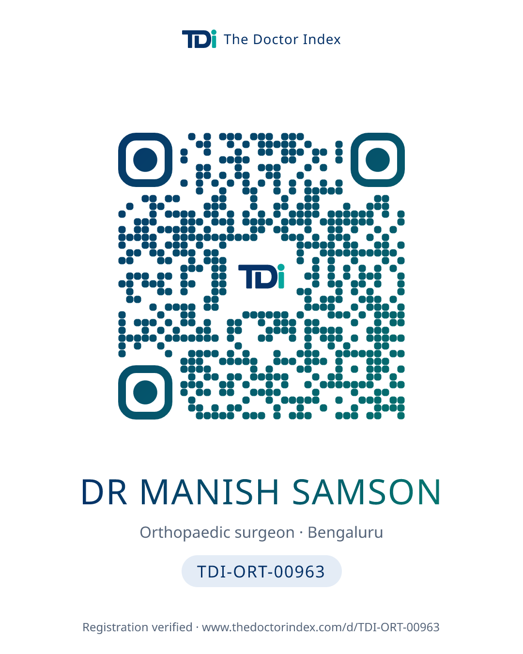 QR card for Dr Manish Samson, TDI-ORT-00963