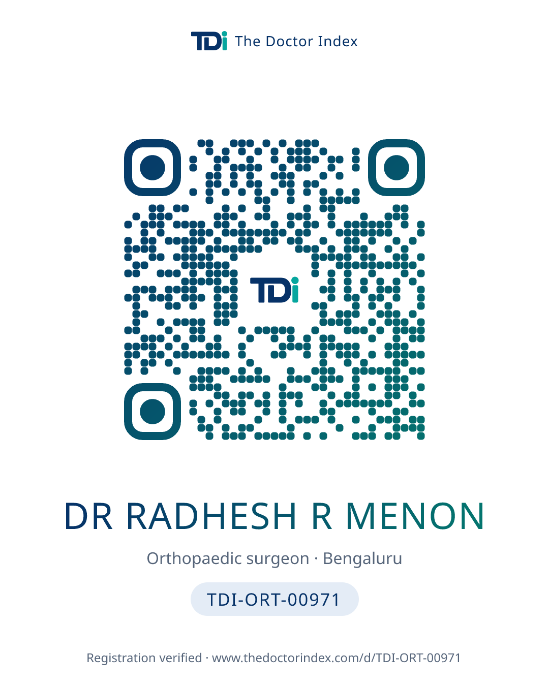 QR card for Dr Radhesh R Menon, TDI-ORT-00971