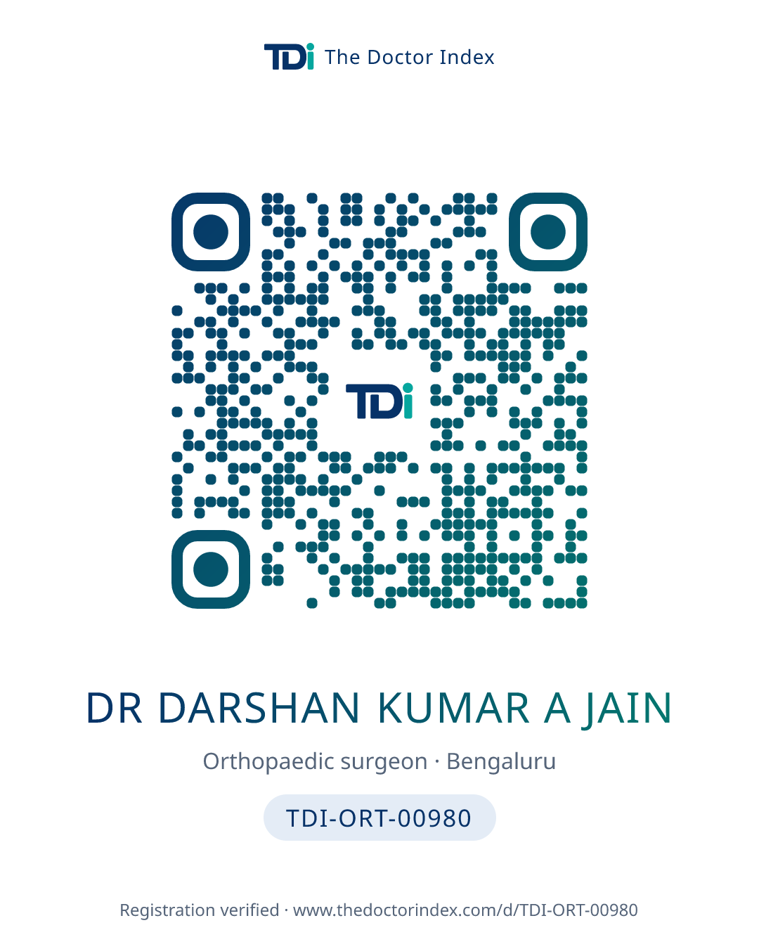 QR card for Dr Darshan Kumar A Jain, TDI-ORT-00980