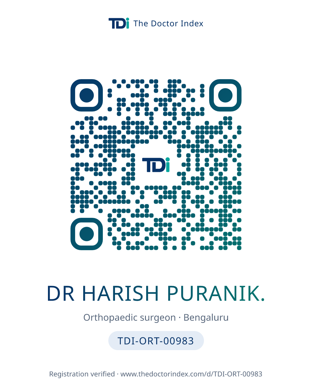 QR card for Dr Harish Puranik., TDI-ORT-00983