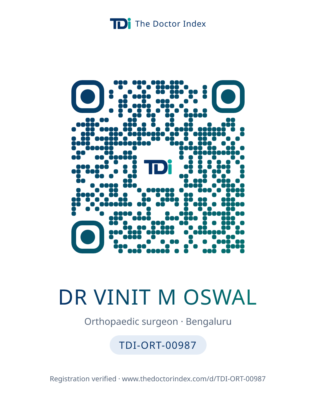 QR card for Dr Vinit M Oswal, TDI-ORT-00987