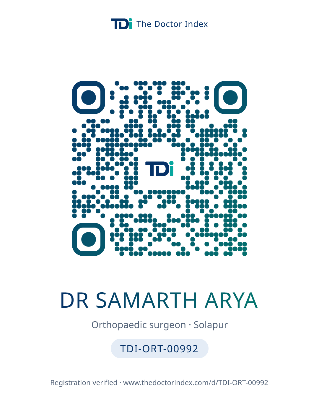 QR card for Dr Samarth Arya, TDI-ORT-00992