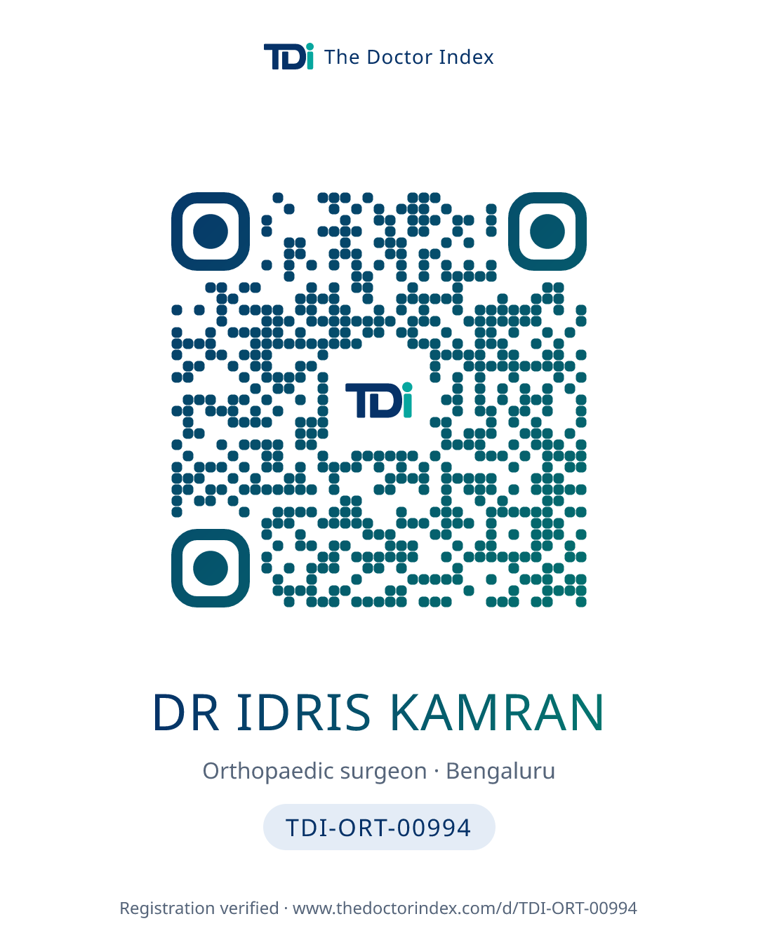 QR card for Dr Idris Kamran, TDI-ORT-00994