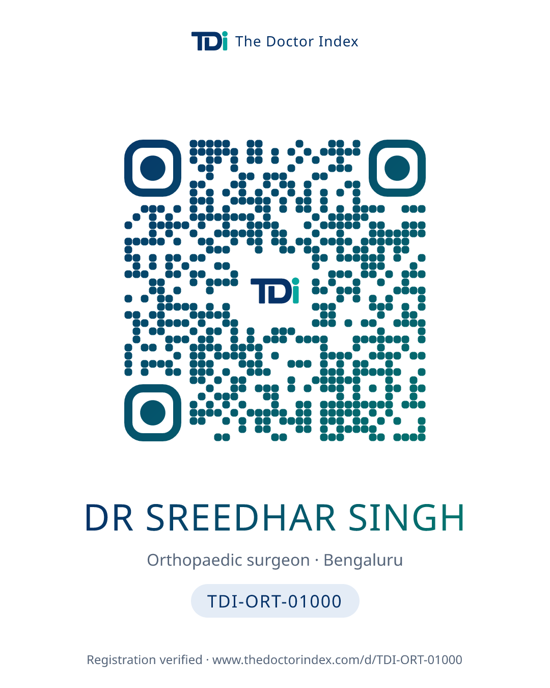 QR card for Dr SREEDHAR SINGH, TDI-ORT-01000