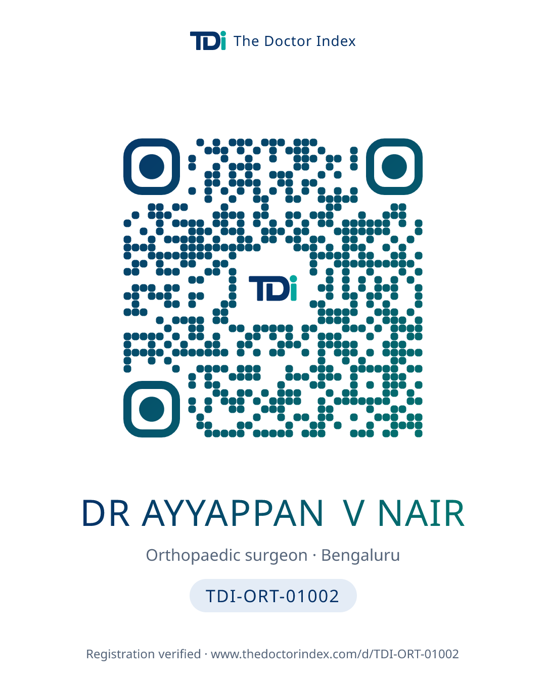 QR card for Dr Ayyappan V Nair, TDI-ORT-01002