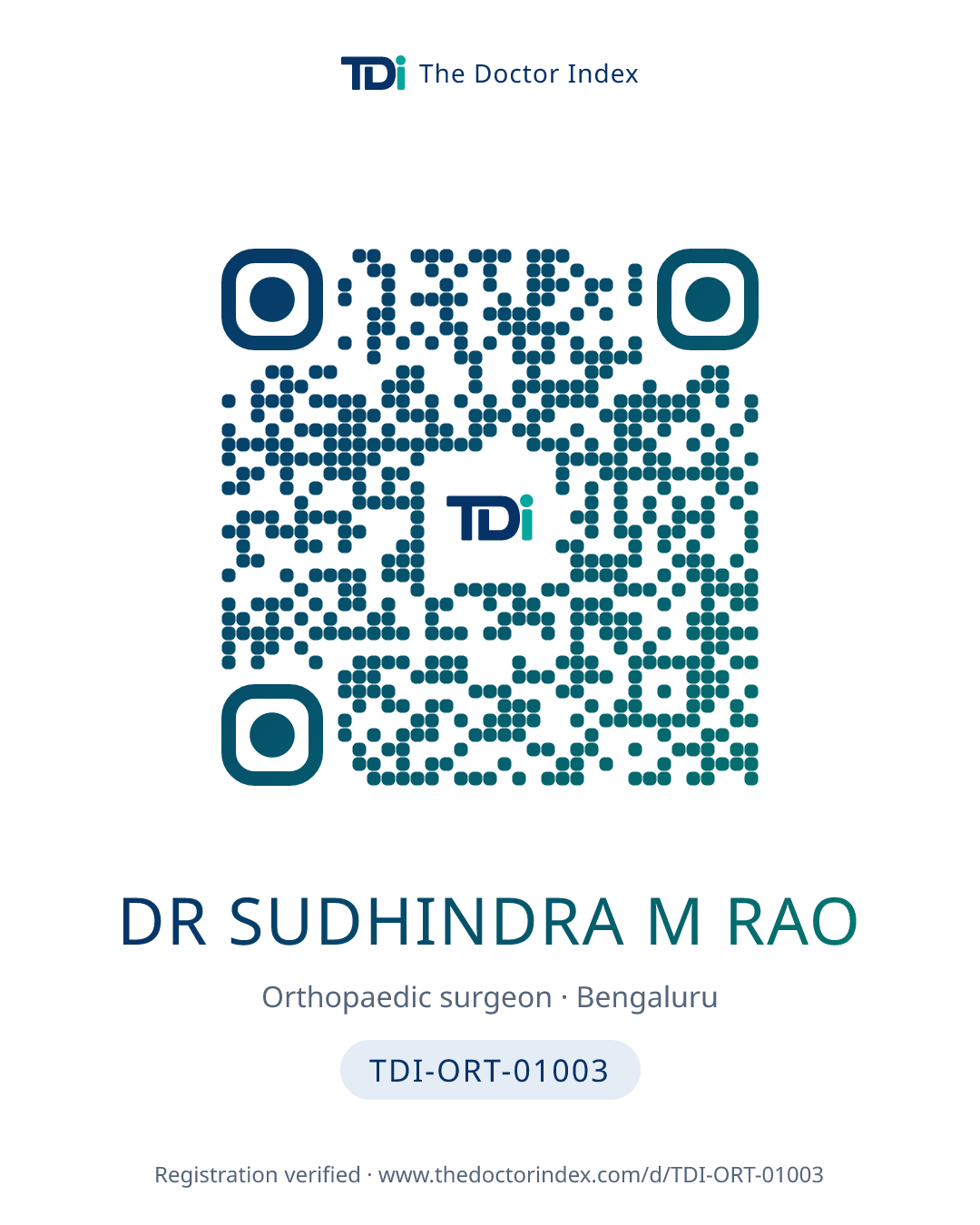 QR card for Dr Sudhindra M Rao, TDI-ORT-01003