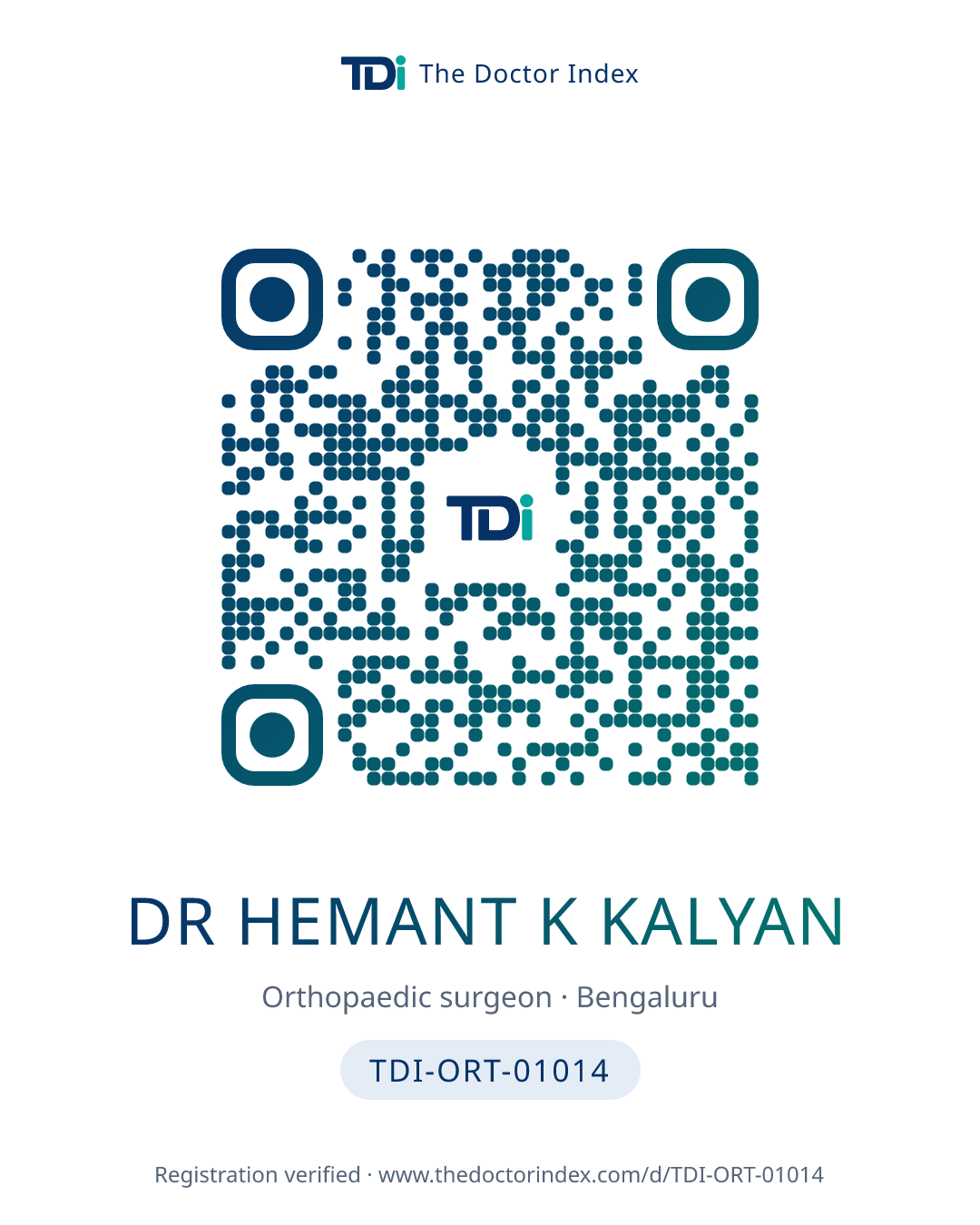 QR card for Dr Hemant K Kalyan, TDI-ORT-01014