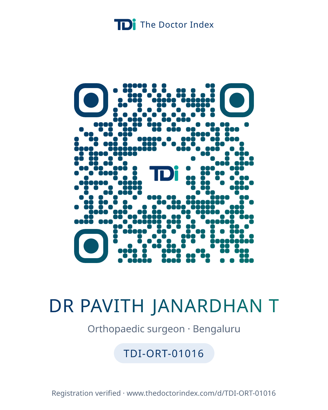 QR card for Dr Pavith Janardhan T, TDI-ORT-01016