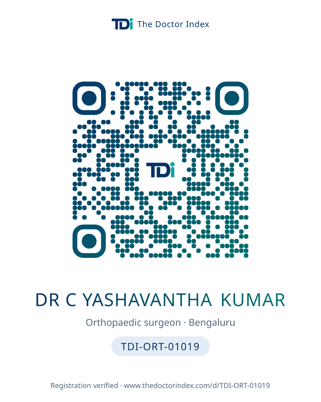 QR card for Dr C Yashavantha Kumar, TDI-ORT-01019