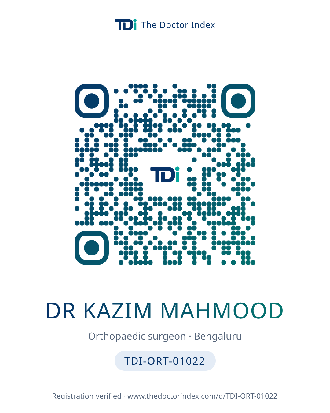 QR card for Dr Kazim Mahmood, TDI-ORT-01022