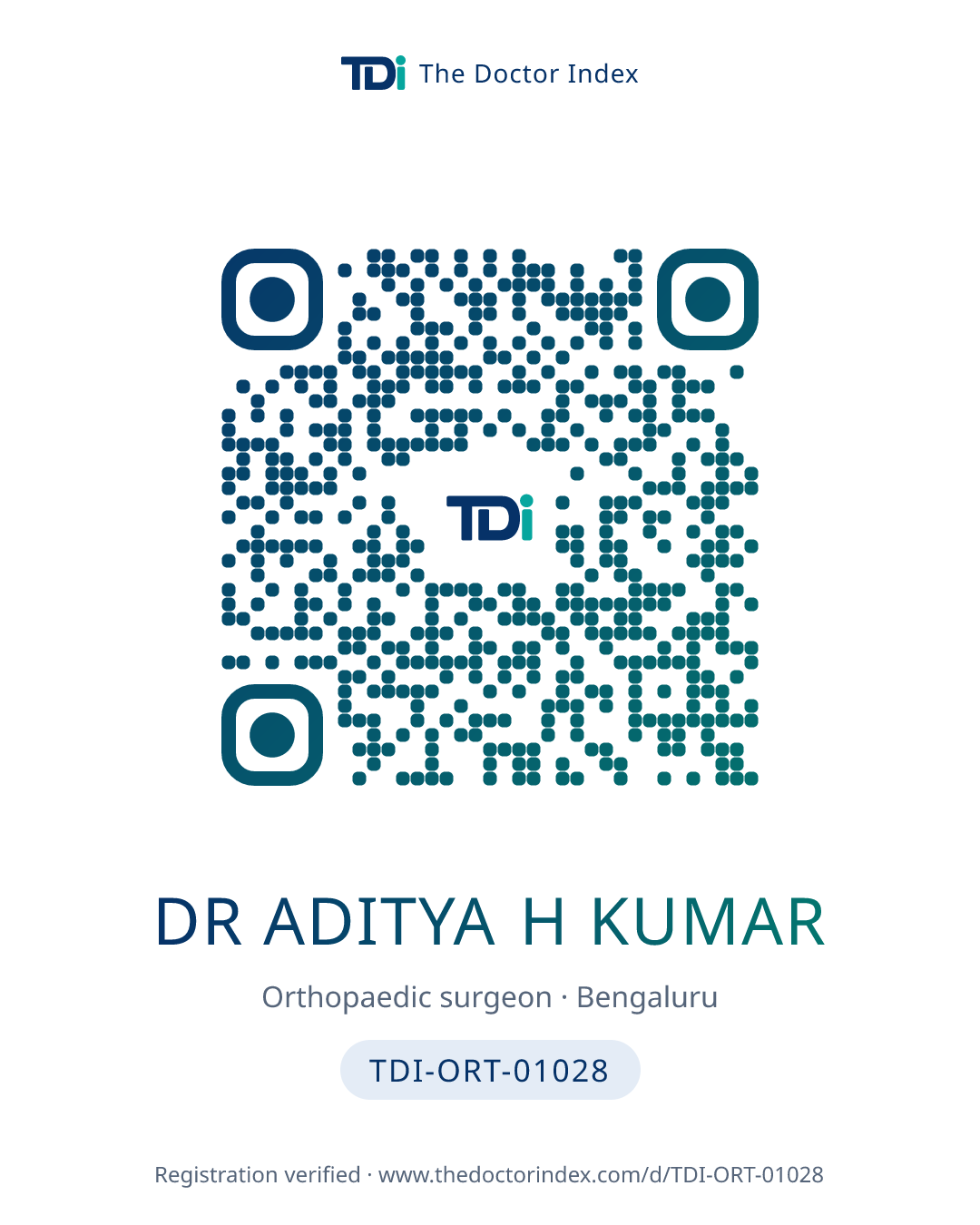 QR card for Dr Aditya H Kumar, TDI-ORT-01028
