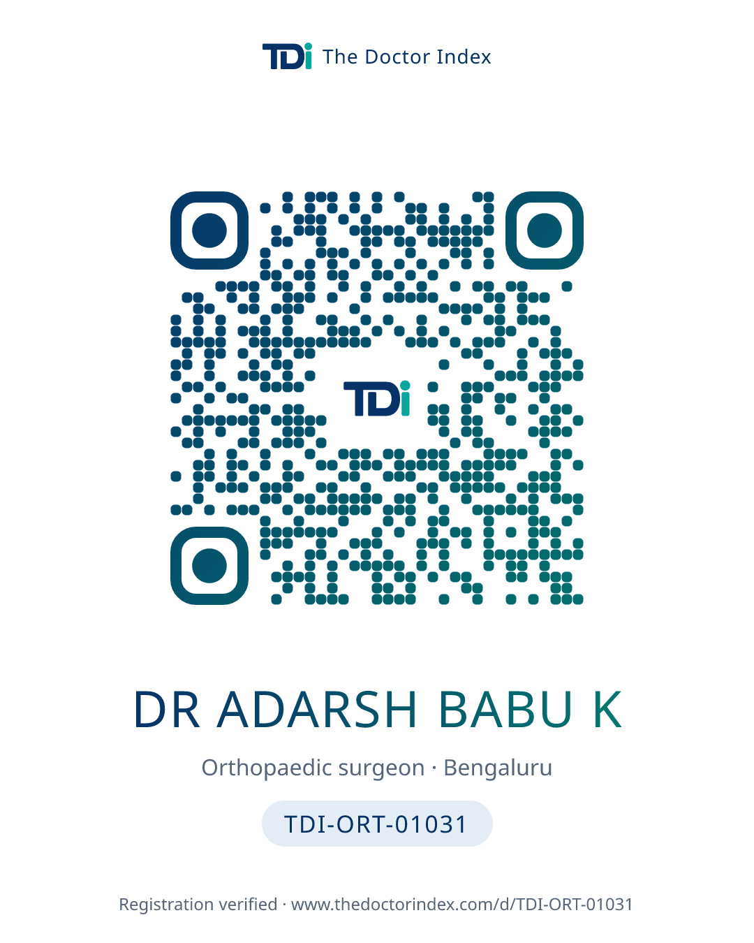 QR card for Dr Adarsh Babu K, TDI-ORT-01031