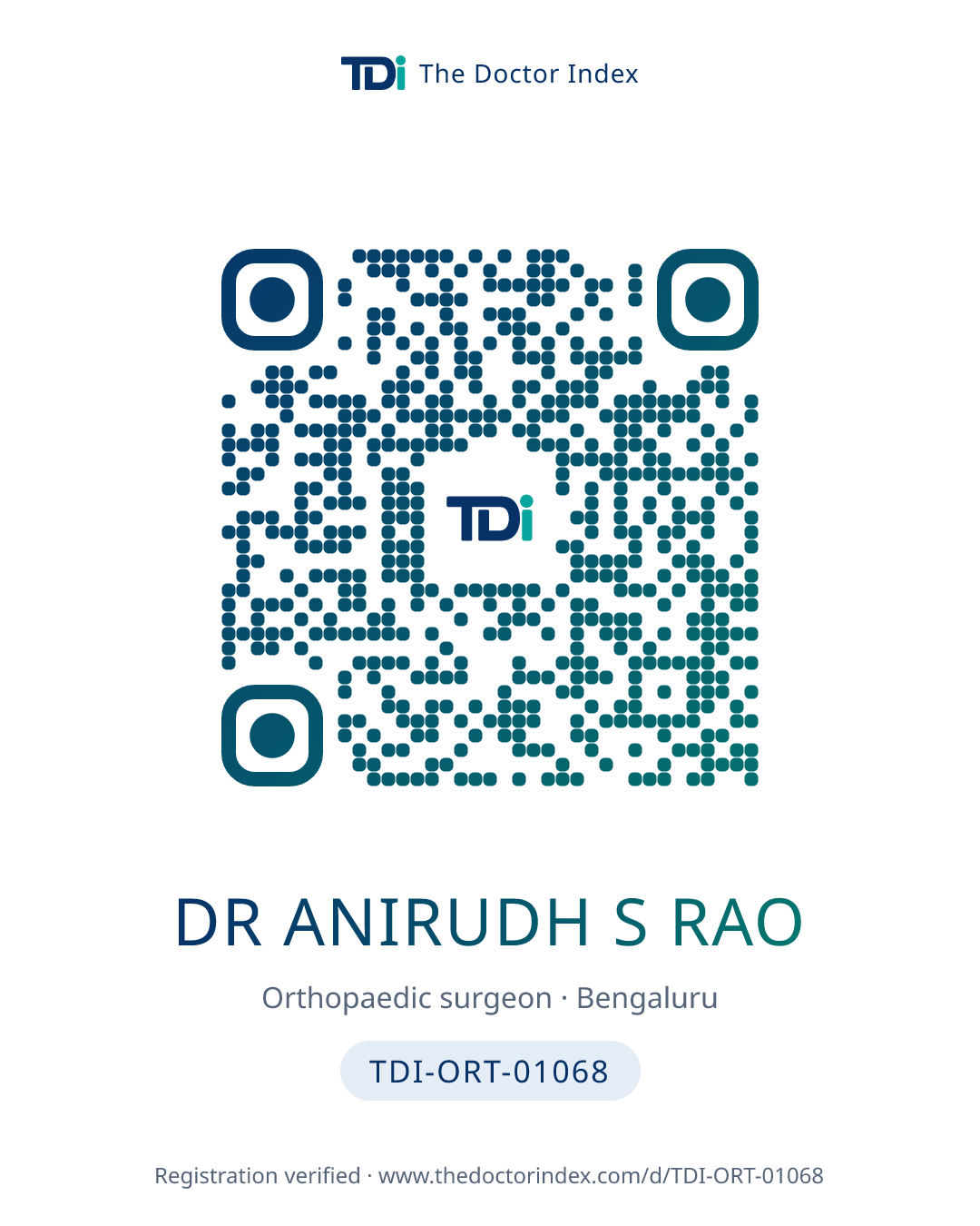 QR card for Dr Anirudh S Rao, TDI-ORT-01068