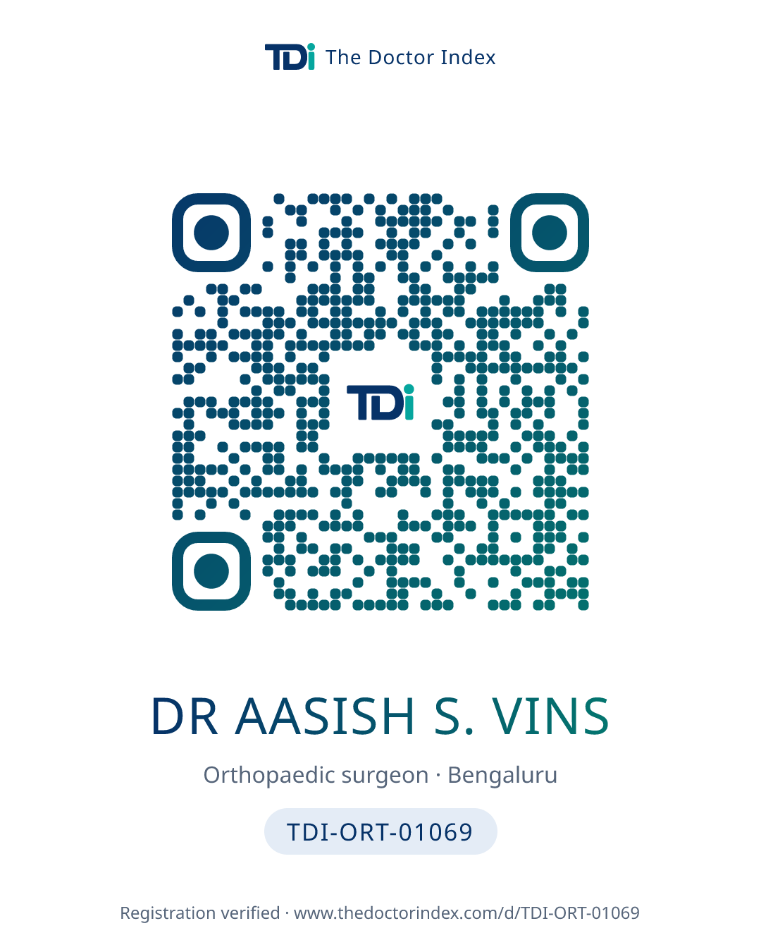 QR card for Dr Aasish S. Vins, TDI-ORT-01069